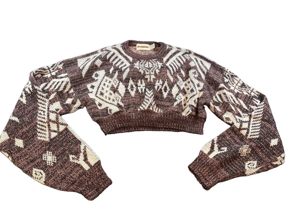 Vintage McGregor Korea Acrylic Cropped Knit Sweater Brown Cream Southwestern L